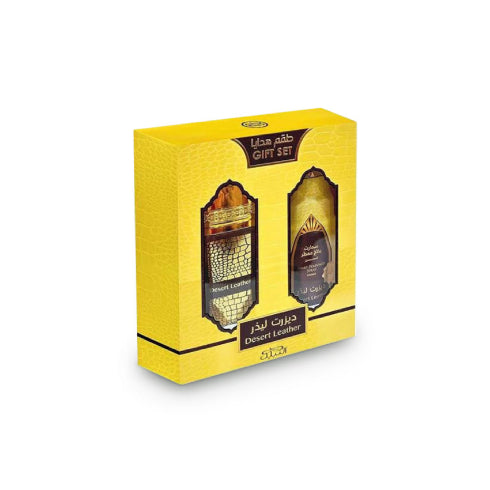 NABEEL DESERT LEATHER GIFT SET La gift box contiene 100 ml Spray Eau de Parfum + 200 ml Body SprayNote di testa: Prugna, Fragola, Timo, Zafferano. Note di cuore: Fresia, Gelsomino, Rosa, Mughetto. Note di fondo: Cuoio, Legno Di Cedro, Ambra Grigia, Vanigl